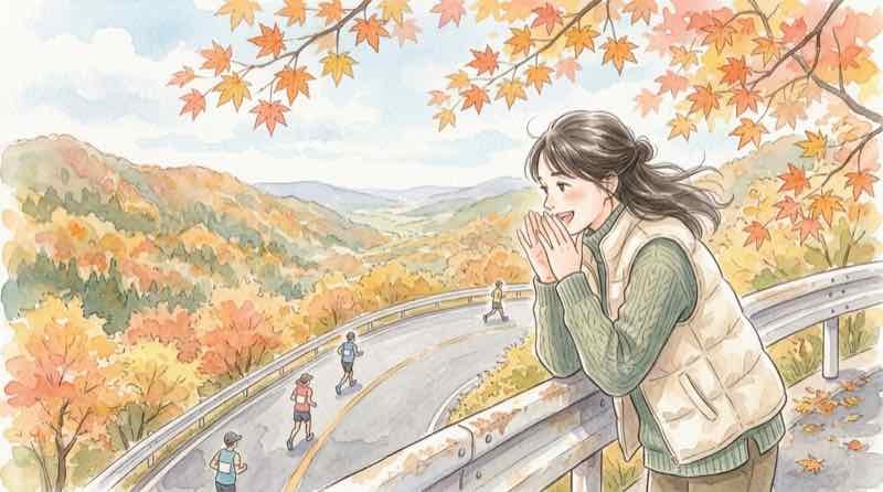 箱根の山道のカーブを駆け上がるランナーに、沿道から身を乗り出して声援を送る女性のイラスト