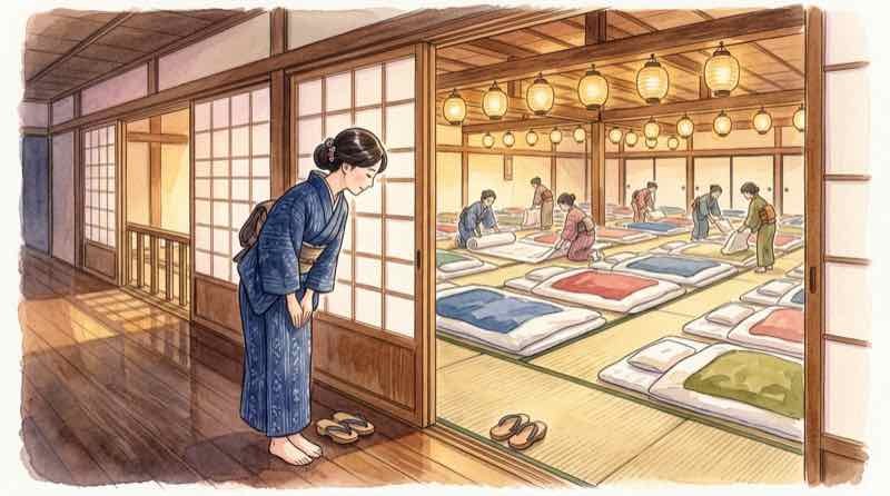 旅館の大広間に布団を並べる場面を、廊下で頭を下げて見つめる女性のイラスト