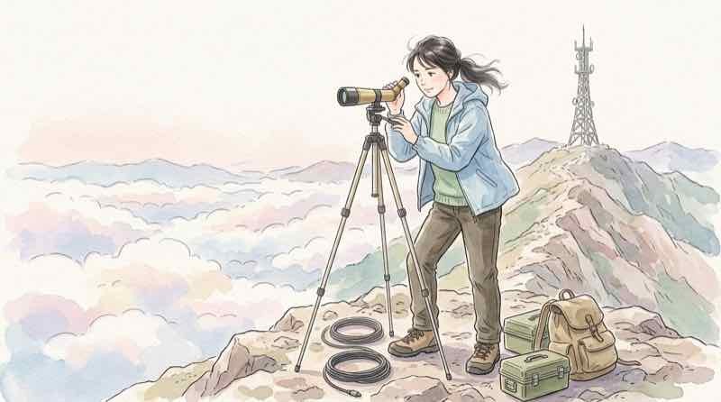山の上に立てられた中継アンテナを、望遠鏡をのぞきながら確かめる女性のイラスト