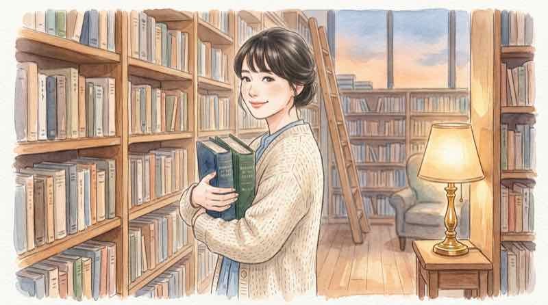 机の上に積み上げた分厚い上下巻の本を、両手で抱えて振り返る女性のイラスト