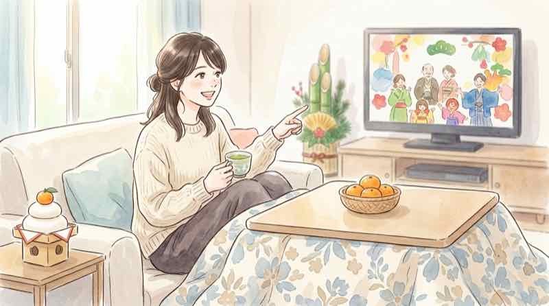 正月のテレビ中継を見ながら、湯呑みを持ったまま画面を指さして笑う女性のイラスト