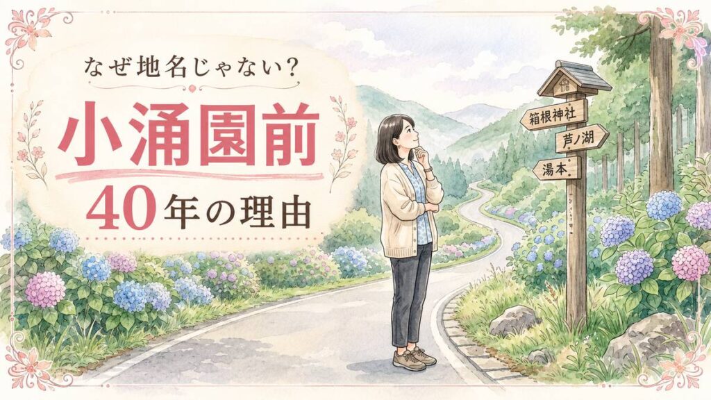 小涌園前という中継地点の名前の由来を、箱根の山道の標識を見上げながら考える女性のイラスト