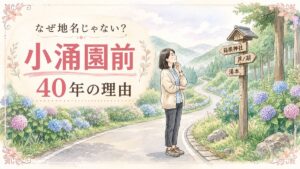 小涌園前という中継地点の名前の由来を、箱根の山道の標識を見上げながら考える女性のイラスト