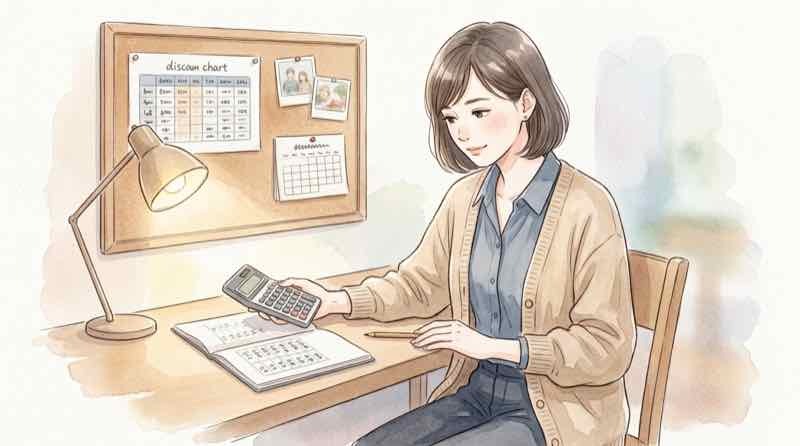 九州ふっこう応援割はいくら安くなるか電卓で計算する女性、割引の早見表