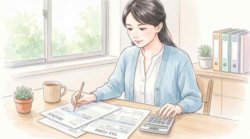 インボイス制度の書類を確認する知的な女性