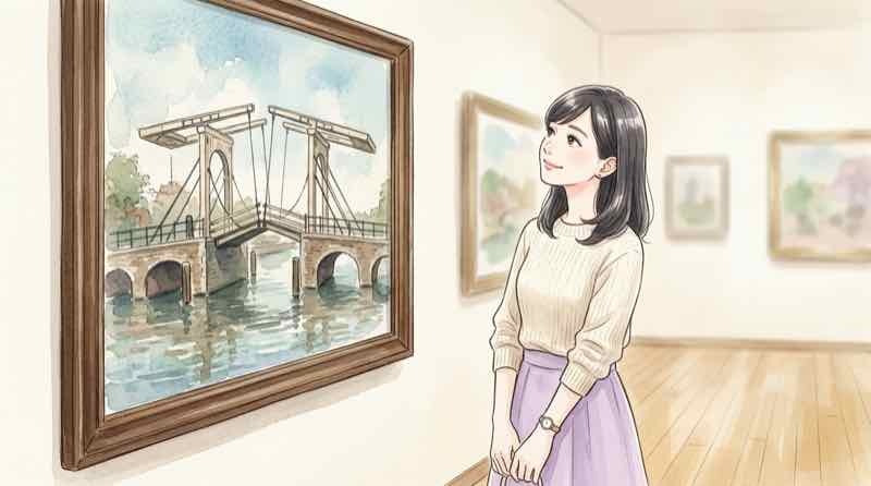 約70年ぶりに来日するアルルの跳ね橋の絵を見つめる女性