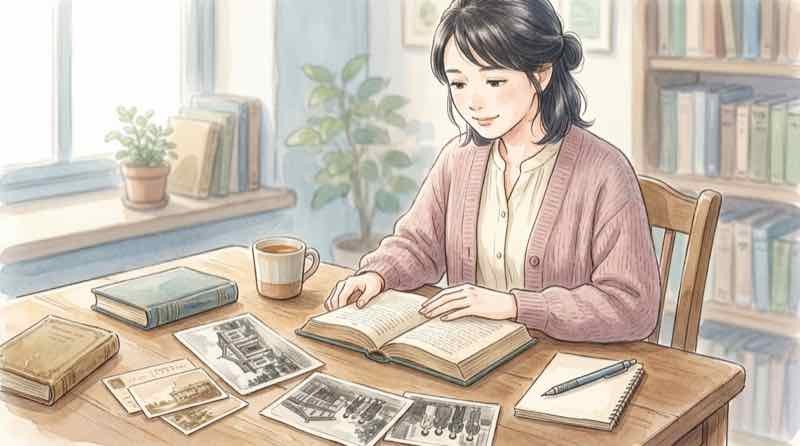 1958年の日本初のゴッホ展を思わせる資料を眺める女性