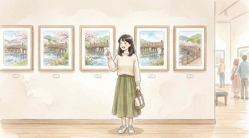 複数のアルルの跳ね橋の絵を見比べて驚く女性