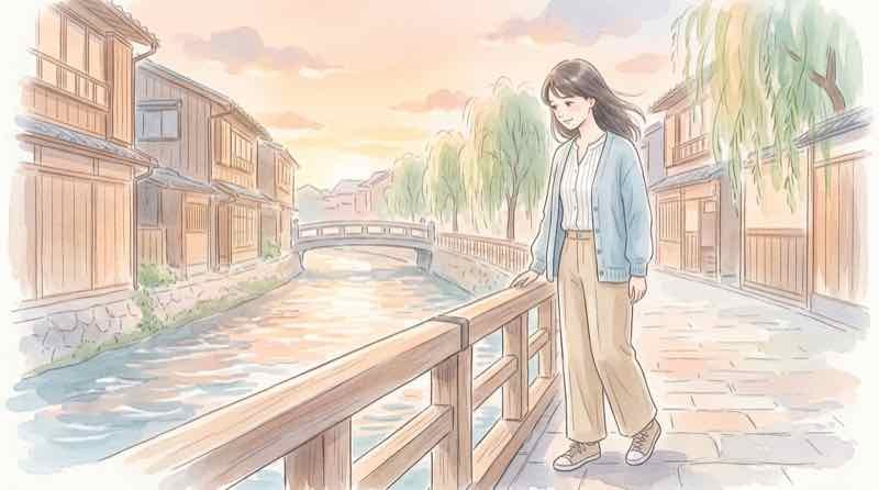 運河に架かる跳ね橋を見つめながら故郷を思う女性
