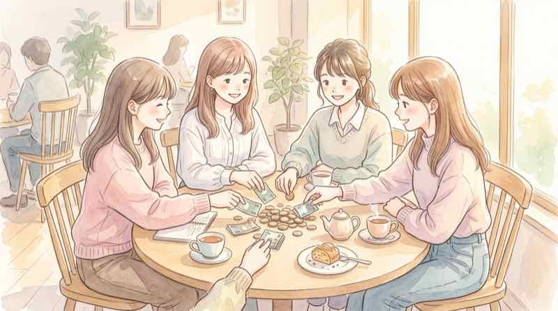 複数人でお金を出し合って宝くじを購入する様子