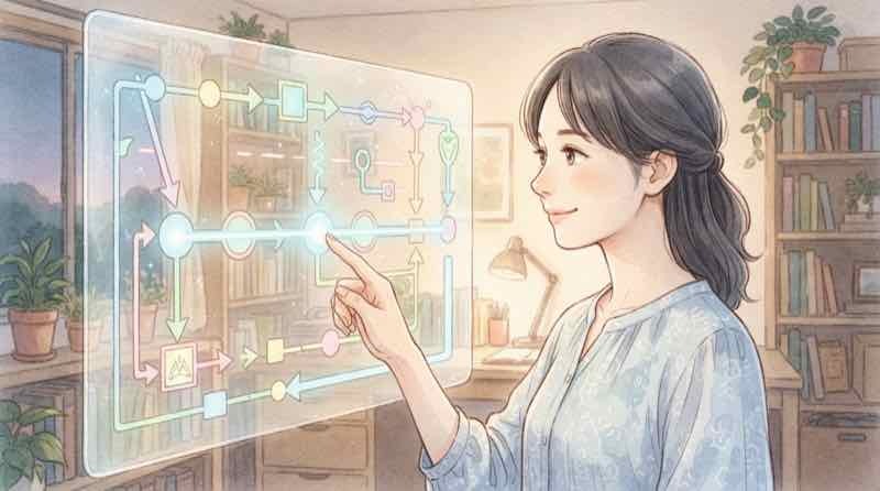 防衛省IOWN導入のニュースの仕組みを資料で確認する落ち着いた女性の水彩イラスト