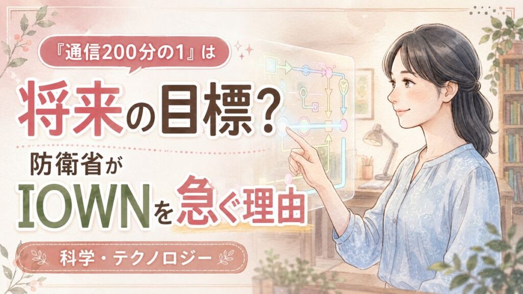 防衛省IOWN導入のニュースの仕組みを資料で確認する落ち着いた女性の水彩イラスト