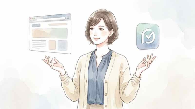 マイナアプリとマイナポータルの違いを比較表で確認する女性のイラスト