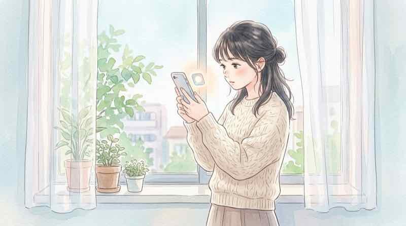 マイナアプリのアイコンを確認する女性のイラスト