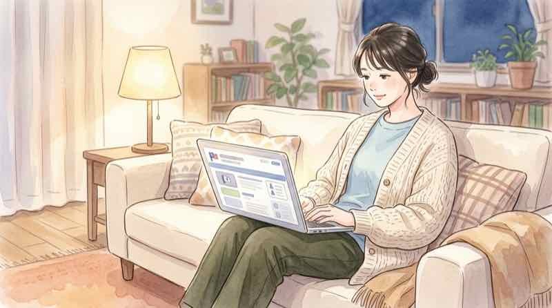 マイナポータルのWebサイトを見る女性のイラスト