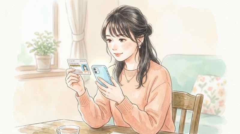 マイナンバーカードとアプリの違いを見比べる女性のイラスト