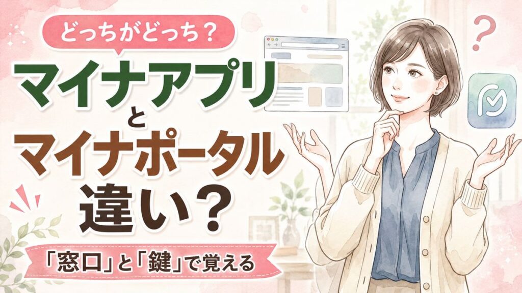マイナアプリとマイナポータルの違いを比較表で確認する女性のイラスト