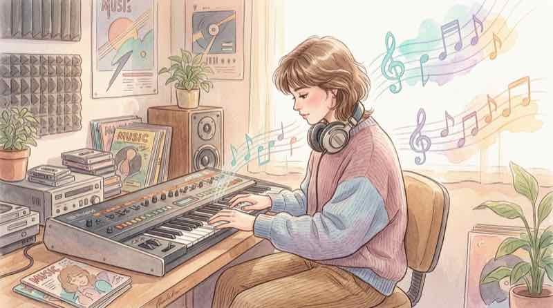 細野晴臣が作曲した楽曲の制作風景をイメージした場面
