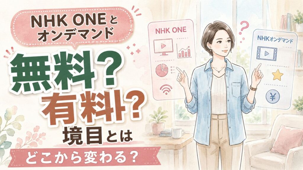 NHK ONEオンデマンド違いを資料で確認する女性