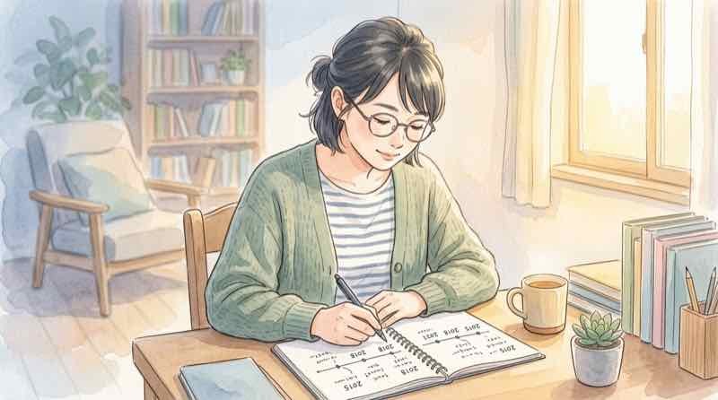 自分の勤続年数と待遇を照らし合わせてメモをとる様子