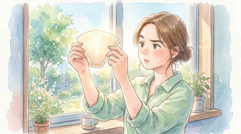 コーヒーフィルターの圧着構造を光にかざして見る様子