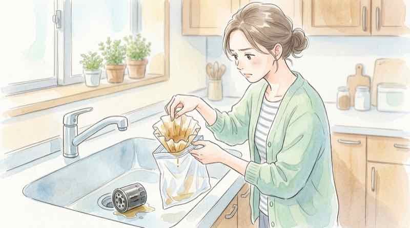 油を吸ったフィルターの自然発火リスクを見つめる女性