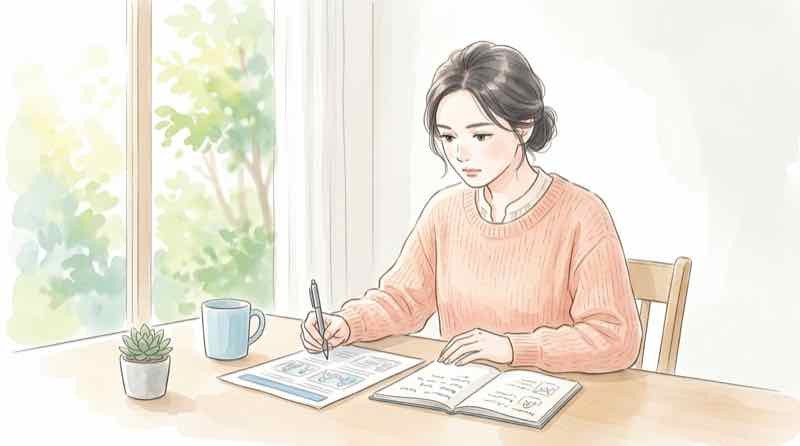 食品衛生法の基準を確認しながらメモを取る女性