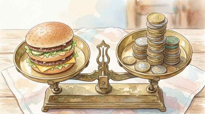 購買力平価とビッグマック指数の違いを見つめる知的な女性の一場面