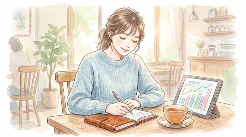 不動産評価の見直しをノートにまとめる女性