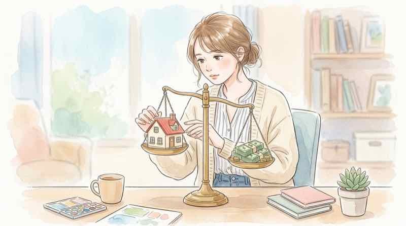 不動産評価と現金評価の差を天秤で例えるイメージ
