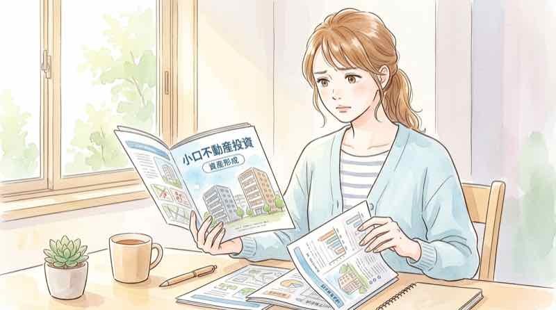 不動産小口化商品のパンフレットを見比べる女性