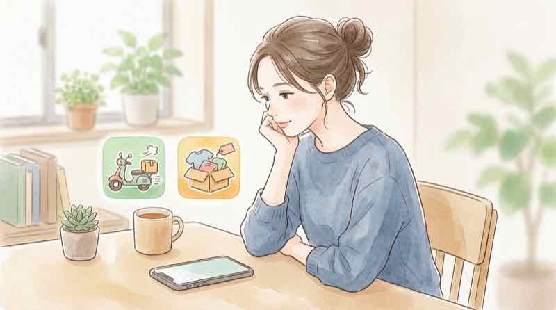 スマートフォンの配達アプリとフリマアプリのアイコンを見つめる様子