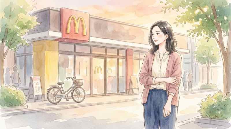 マクドナルドの店舗前で落ち着いて説明するイメージ