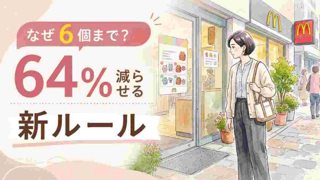 ハッピーセット個数制限のルールを見つめる女性とマクドナルドの店舗