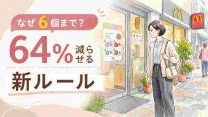 ハッピーセット個数制限のルールを見つめる女性とマクドナルドの店舗