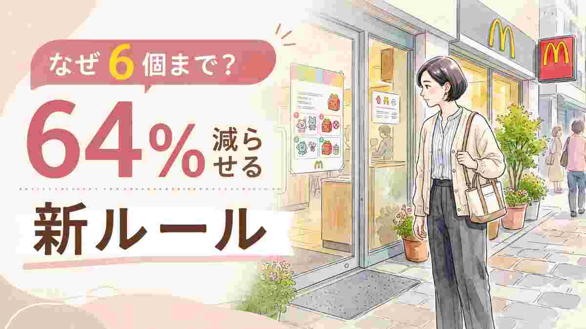ハッピーセット個数制限のルールを見つめる女性とマクドナルドの店舗
