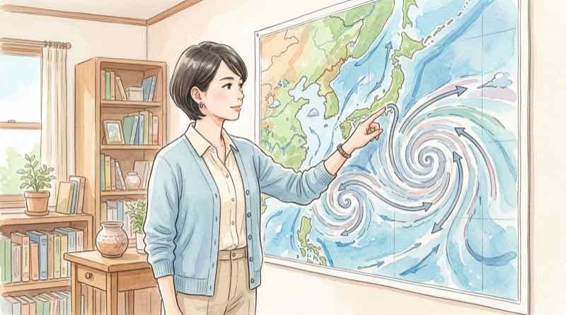 逆走台風が東から西へ進む仕組みを地図で確認する女性