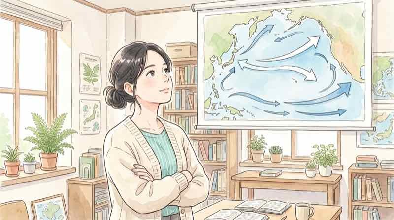 一般的な台風の進路を図で確認する女性
