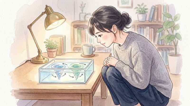 寒冷渦と台風の相互作用を示す図を見つめる女性