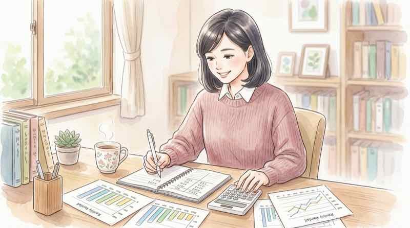 降雨量のデータを電卓で計算する女性