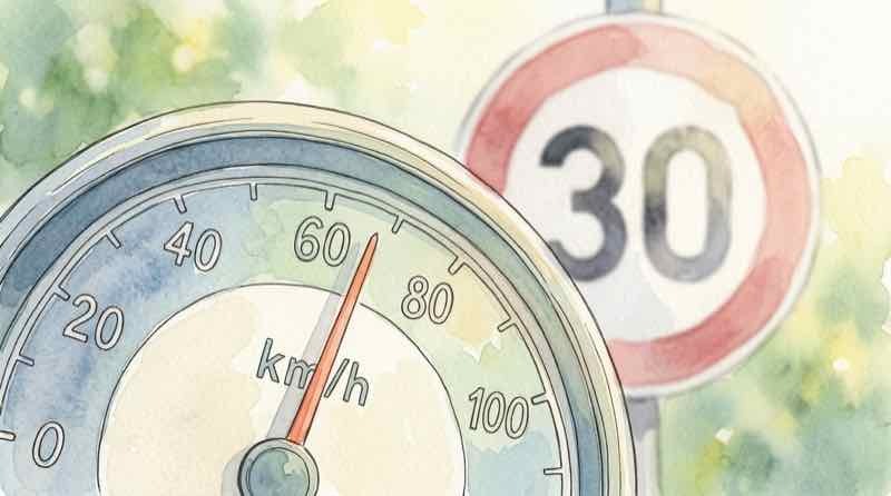 生活道路30km一発免停の仕組みを示す道路標識と車