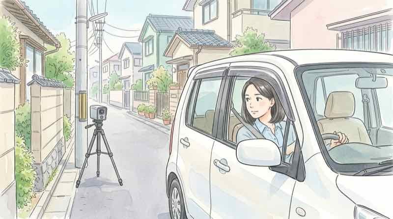 生活道路30km一発免停で可搬式オービスが設置された路地