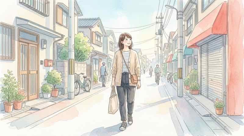 生活道路30km一発免停でいつもの通勤路を歩く女性