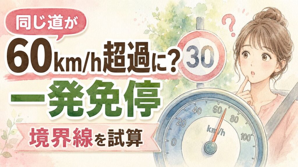 生活道路30km一発免停の仕組みを示す道路標識と車