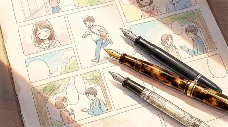 少女漫画インフィニティの3人展資料を見比べる知的な女性