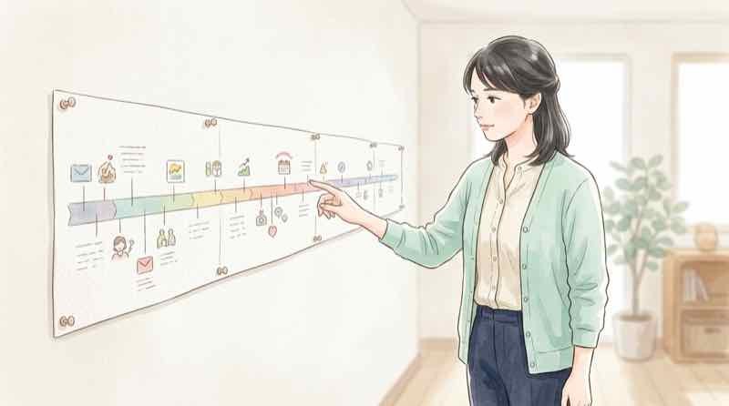 少女漫画24年組の年表を指でたどる女性