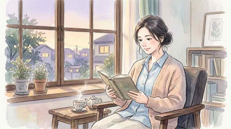 萩尾望都の世界観を思わせる本を静かに読む女性