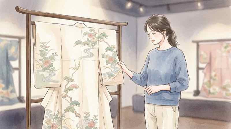 大和和紀作品を思わせる平安装束の資料を見つめる女性