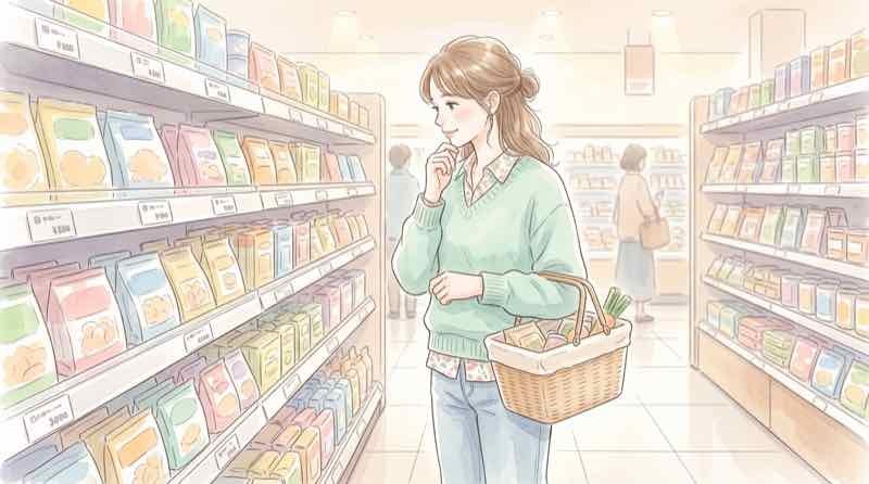首都高 値上げ なぜ スーパーの陳列棚を見る様子