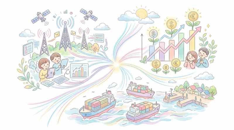 世界中の情報網と金融・物流を同時に動かす商社の仕事を示すイメージ